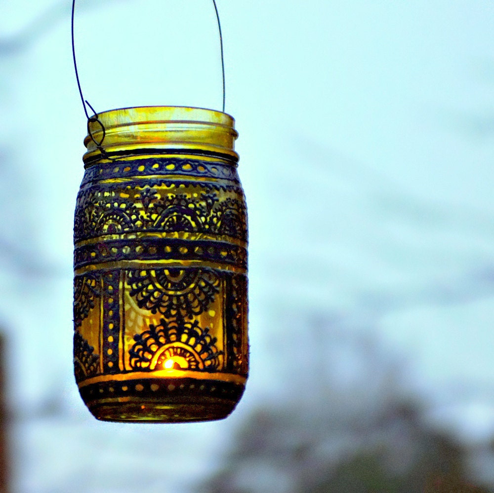 Hand Painted Mason Jar Lantern, Canary Yellow Tinted Glass with Black Accents