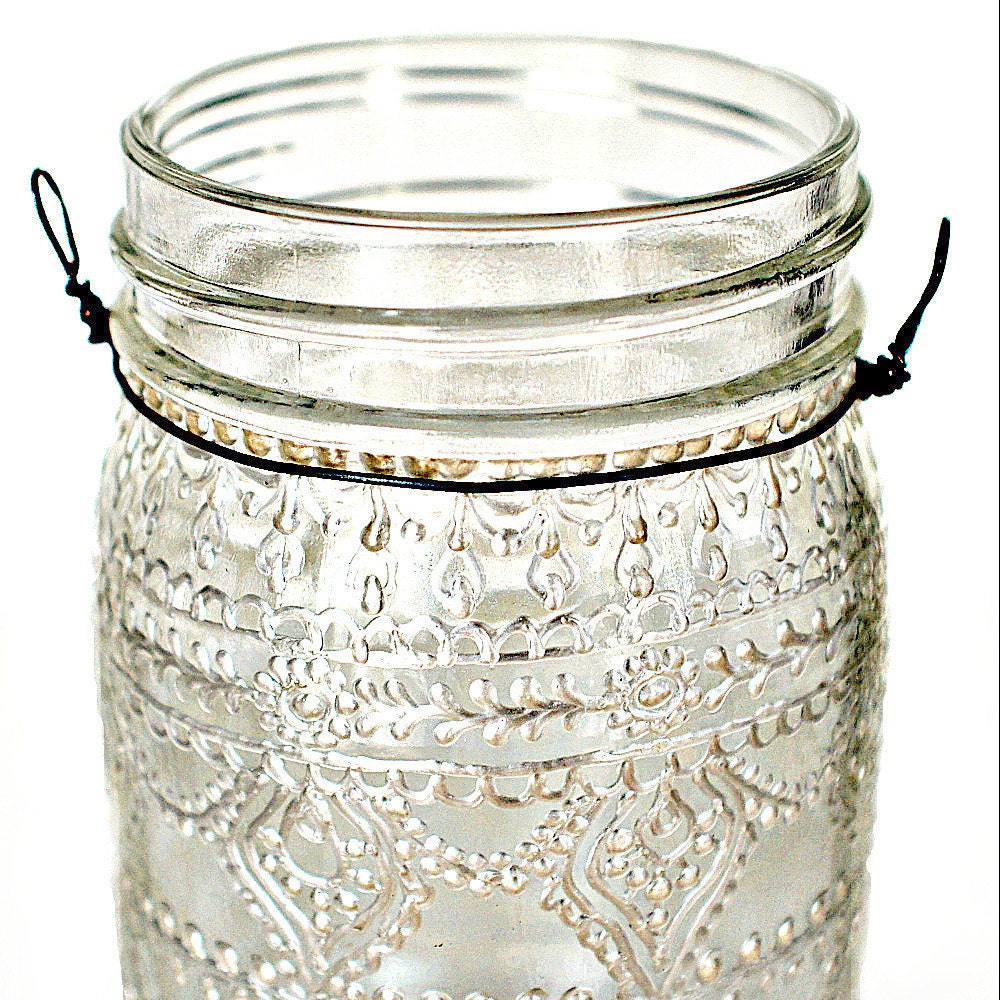 Hand Painted Mason Jar Moroccan Lantern, Henna Inspired Design in White Pearl - on Crystal Clear Glass