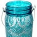 Hand Painted Mason Jar Lantern, with Peacock Blue Glass and Pearl White Eccents