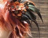 SALE - Brass & Amber Flower Distressed Rooster Feather Fascinator (h020)