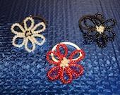 Handmade wire wrapped glass seed bead flower ponytail hair elastics -set of 3 (red, black and iridescent white)