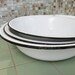 Three White Vintage Metal Bowls With Black Trim / Kitchen Bath Cottage Shabby Chic Decor