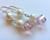 Round Ivory Pearl, Pink Swarovski Crystal earrings Bridal Under 25