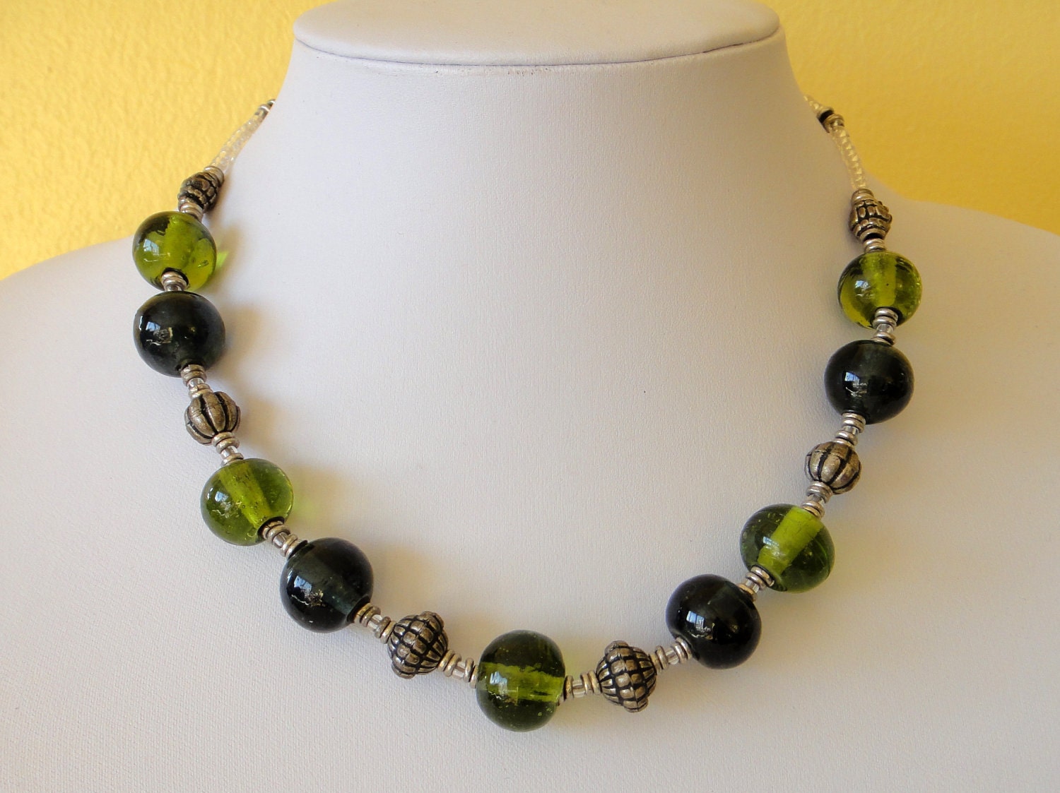 Handmade Recycled GLASS and Ethiopian Silver Beads Necklace FREE Earrings Upcycled Kitengela Glass Green Color. MapenziGems G05