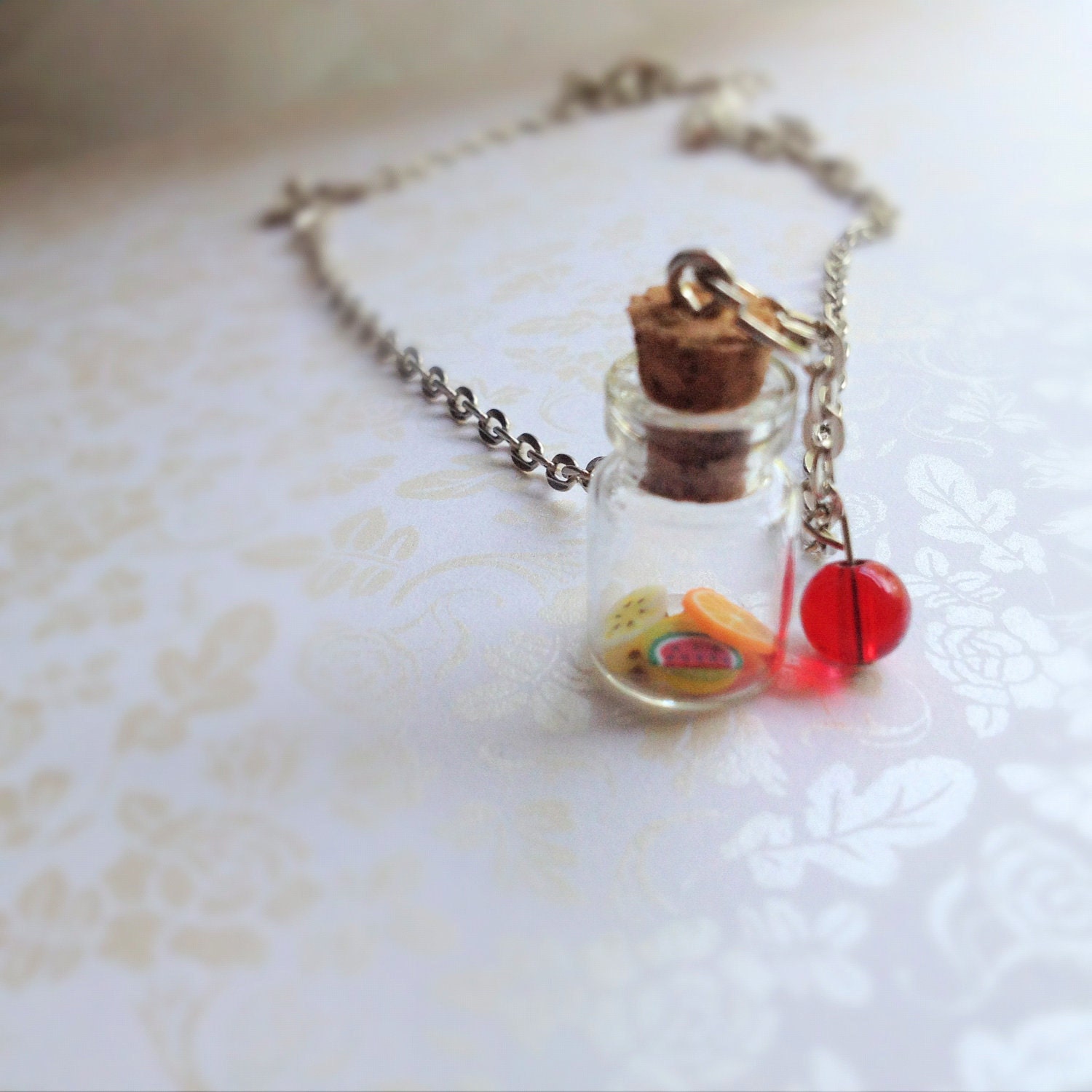 Fruit Lovers Necklace. Teeny Glass Bottle. Miniature Food. Fruit. Strawberry. Red Glass Bead. Fun. Whimsical. Cute Bottle. Summer. Spring.