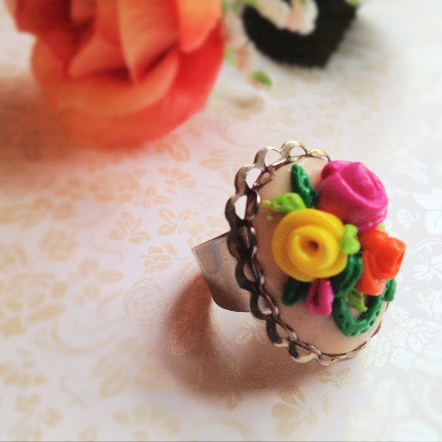 Hand-Sculpted Rose Ring. Adjustable Oval Silver Ring. Polymer Clay. Pink. Yellow. Orange. Green. Romantic. Spring. Floral. Woodland. Summer.