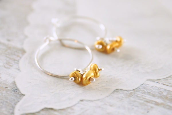 Hoop Earrings - Sterling Silver, Freshwater Pearl, Summer Fashion, Yellow / Gold, Sunshine, Handmade, Simple, Under 25