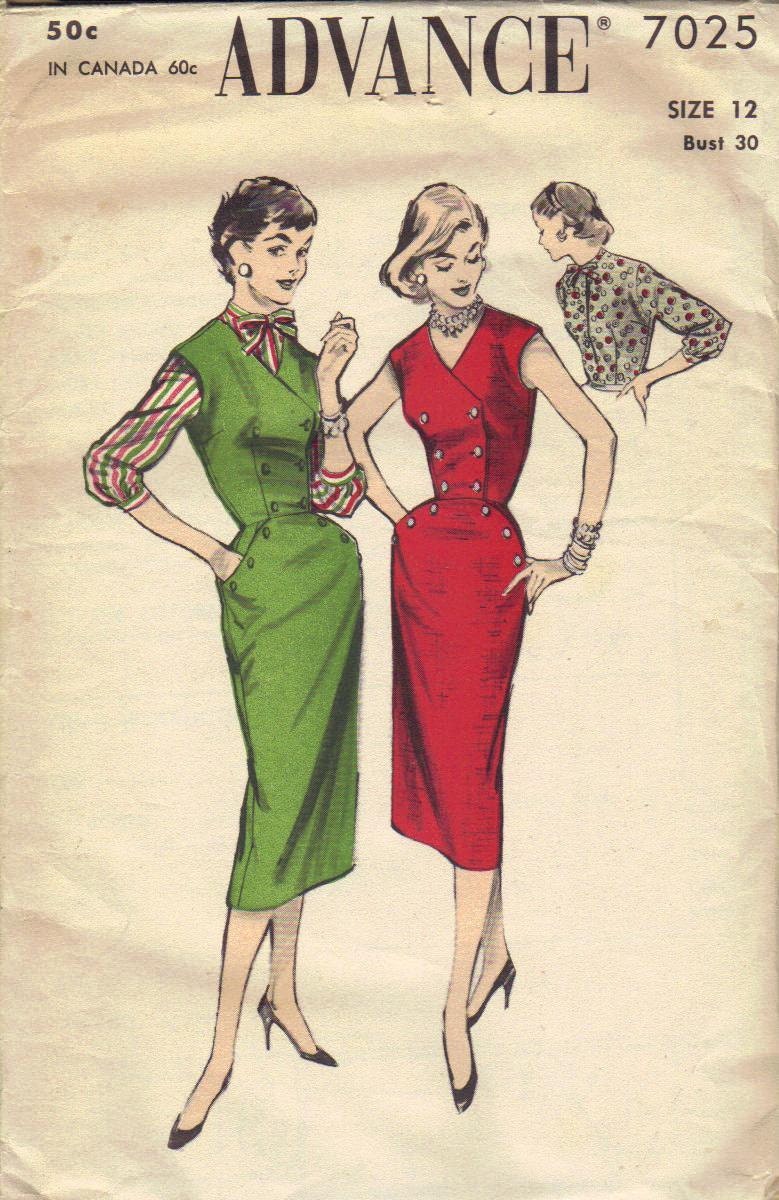 Advance Sewing Pattern 50s Dress Wiggle Skirt Slim Fit Sleeveless Jumper Double Breasted Cap Sleeves Standing Collar Button Trim Bust 30