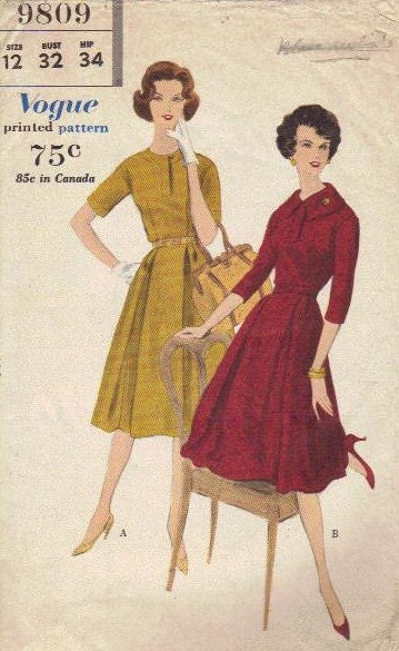 Vogue Sewing Pattern Dress 1960s Full Pleated Skirt High Neck Short Sleeves Large Collar Fitted Bodice Bust 32