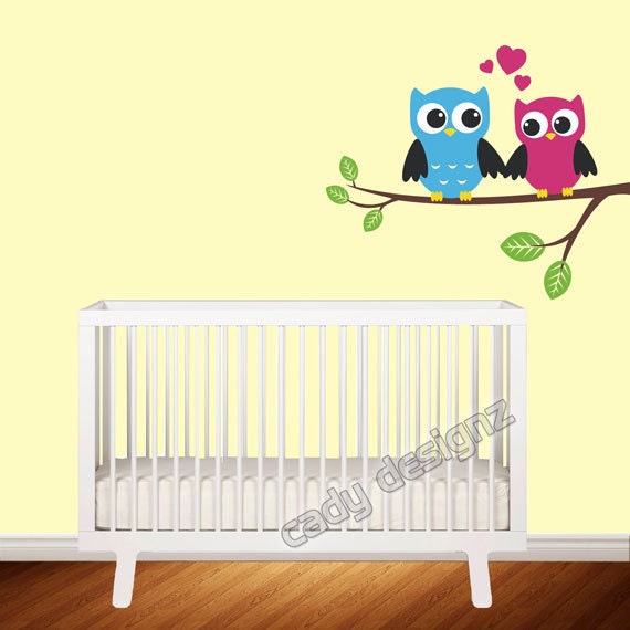 Cute Owls Vinyl Wall Decal - Couple on Branch - Childrens Nursery Wall Decor - Baby Boy or Girl - Birds - Vinyl Owl Art Stickers