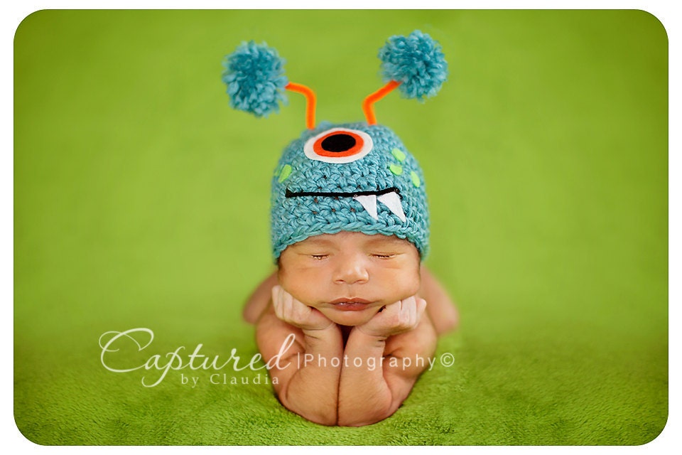 Baby Boy or Girl Hat TURQUOISE MONSTER Newborn Baby Boy / Girl Crochet Hat  More Colors Available 0-3 & 3- 6 months