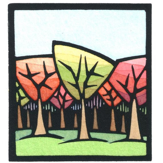 Original Linocut of Forest in the Fall By Ken Swanson