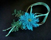 Crocheted Wire Necklace 3D Blu Flower with Leaves of Green