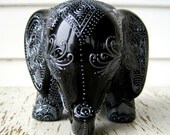 Lucky Elephant Bank -- Pewter Design on Black Glazed ceramic elephant. (Half abstract diamonds, half abstract flowers)