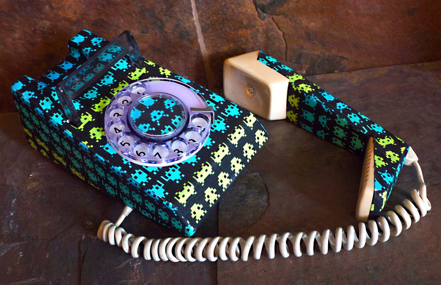 Unique Space Invaders Upcycled Decorated Vintage Rotary Trimphone FULLY WORKING