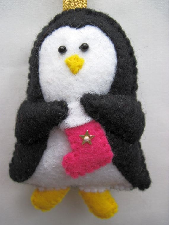 Felt Christmas Penguin with Stocking hanging ornament decoration