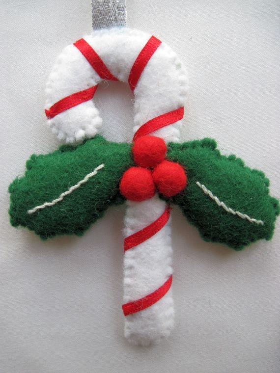 Items similar to Felt Christmas Candy Cane with Holly hanging ornament