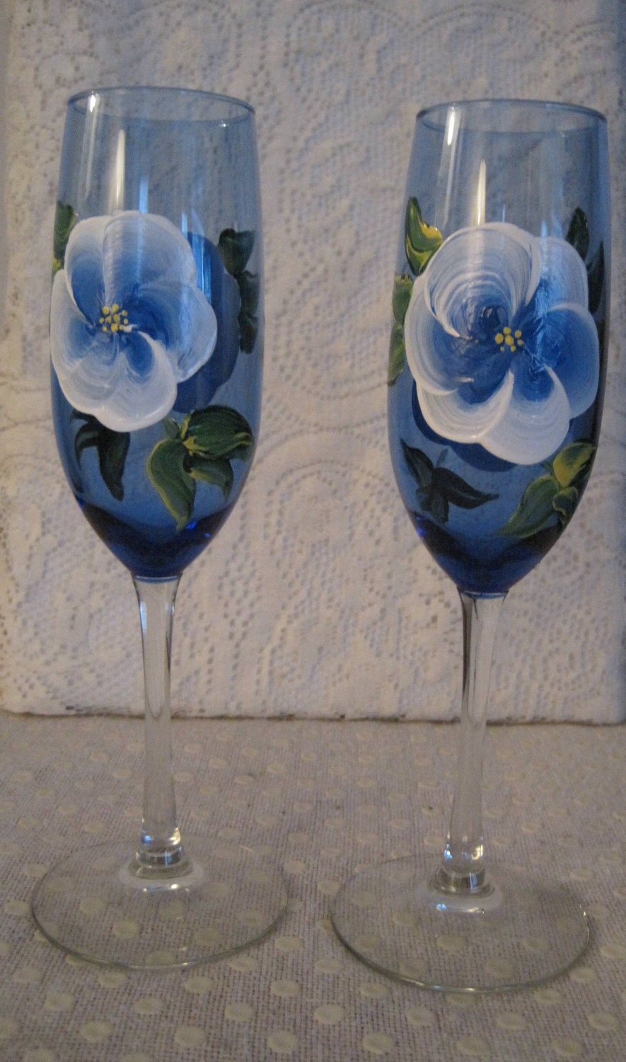 Wine Glasses, Hand Painted Champagne Flutes, Custom Wedding Glasses, Champagne Flutes, Blue Champagne Glasses With White Flowers