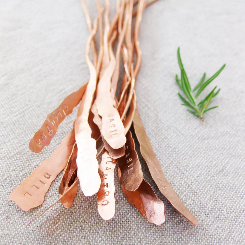 Herb Markers Set of 5 Hammered Textured Recycled Copper Electrical Wire Custom Stamping