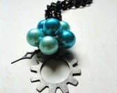 Steampunk Jewelry -Teal Beaded Pendant with Gear and Clock Hand necklace - Steampunk Necklace - Victorian, Edwardia Jewelry - Gear Jewelry