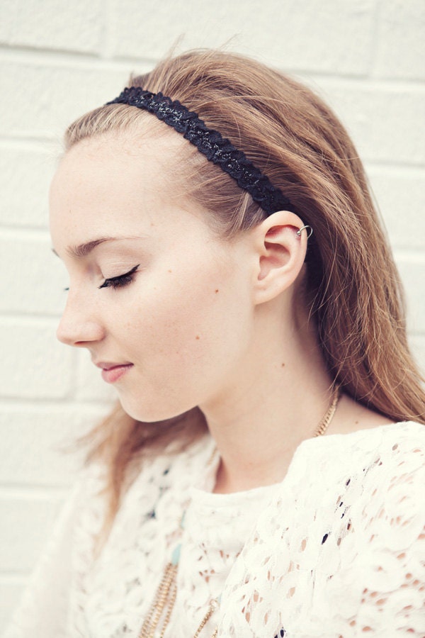 Black Skinny Beaded Stretch Headband READY TO SHIP