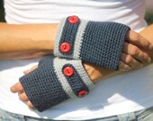 Hand knitted glove. Crochet Gray  Fingerless Gloves with red Buttons. Gift for her.
