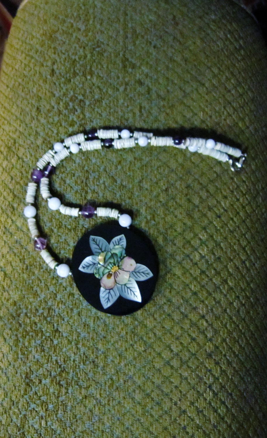 Mother of Pearl Inlay on Beaded Necklace - 22" Long