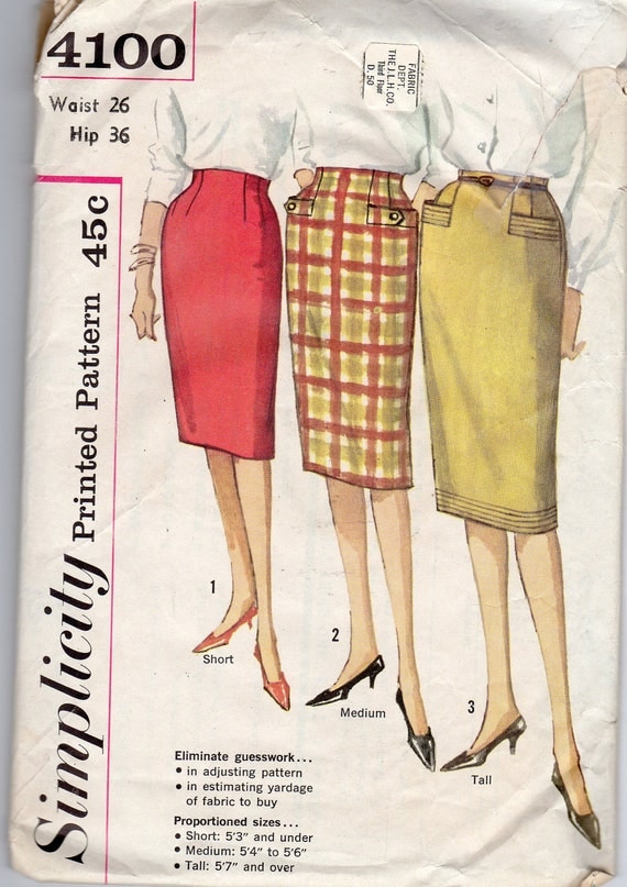 1950s Womens Pencil Skirt Pattern Waist 26 Hip 36 By Jeaniesshop 