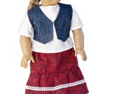 American Girl 18'' Doll Clothes Western Denim Cowgirl Set - Includes Red Ruffle and Lace Skirt, White Shirt, Denim Vest, and Denim Beret
