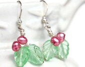 Pink Green Dangle earrings, Leaf Earrings, Nature Jewelry, Spring, Gift for Her Under 25 dollars