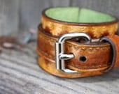 Vintage Brown Buckle cuff "the mirage" Carved Tooled Recycled Stitched Bangle Wristband Green Cuff Rustic Jewelry OOAK Distressed