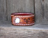 Custom Leather Bracelet "the astrologist" Carved Tooled Recycled Stitched Bangle Wristband Black Brown Cuff Rustic OOAK Distressed Antique