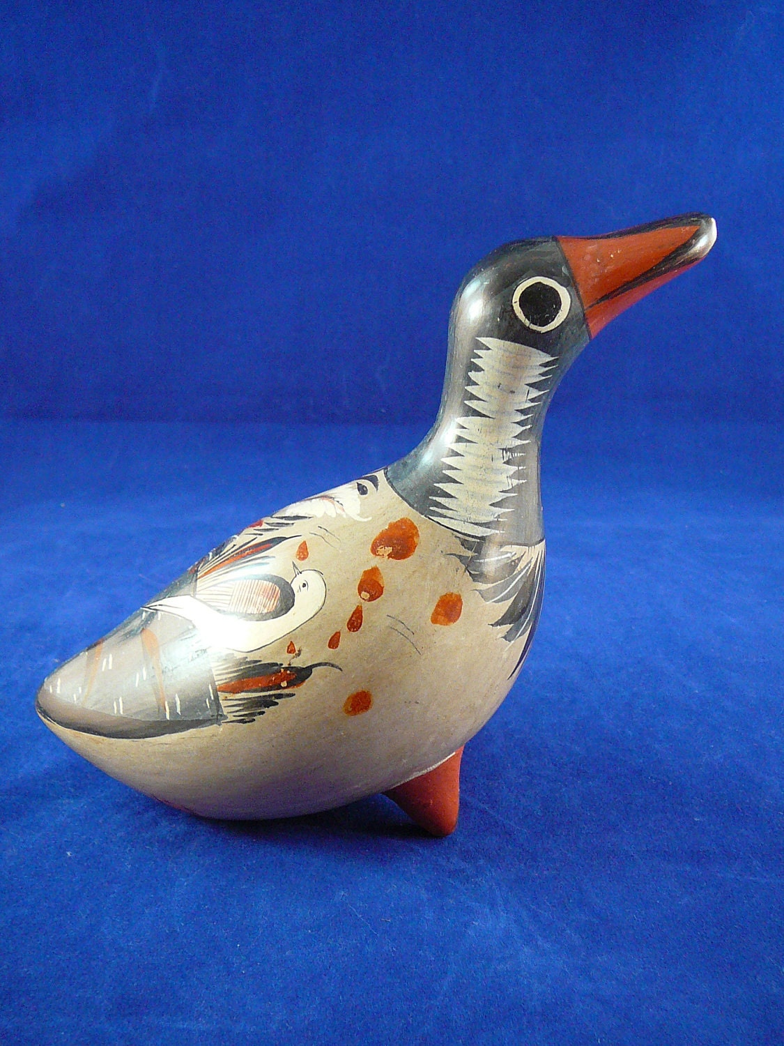 Vintage Mexican Folk Art Hand Crafted Clay Bird by V. Silva