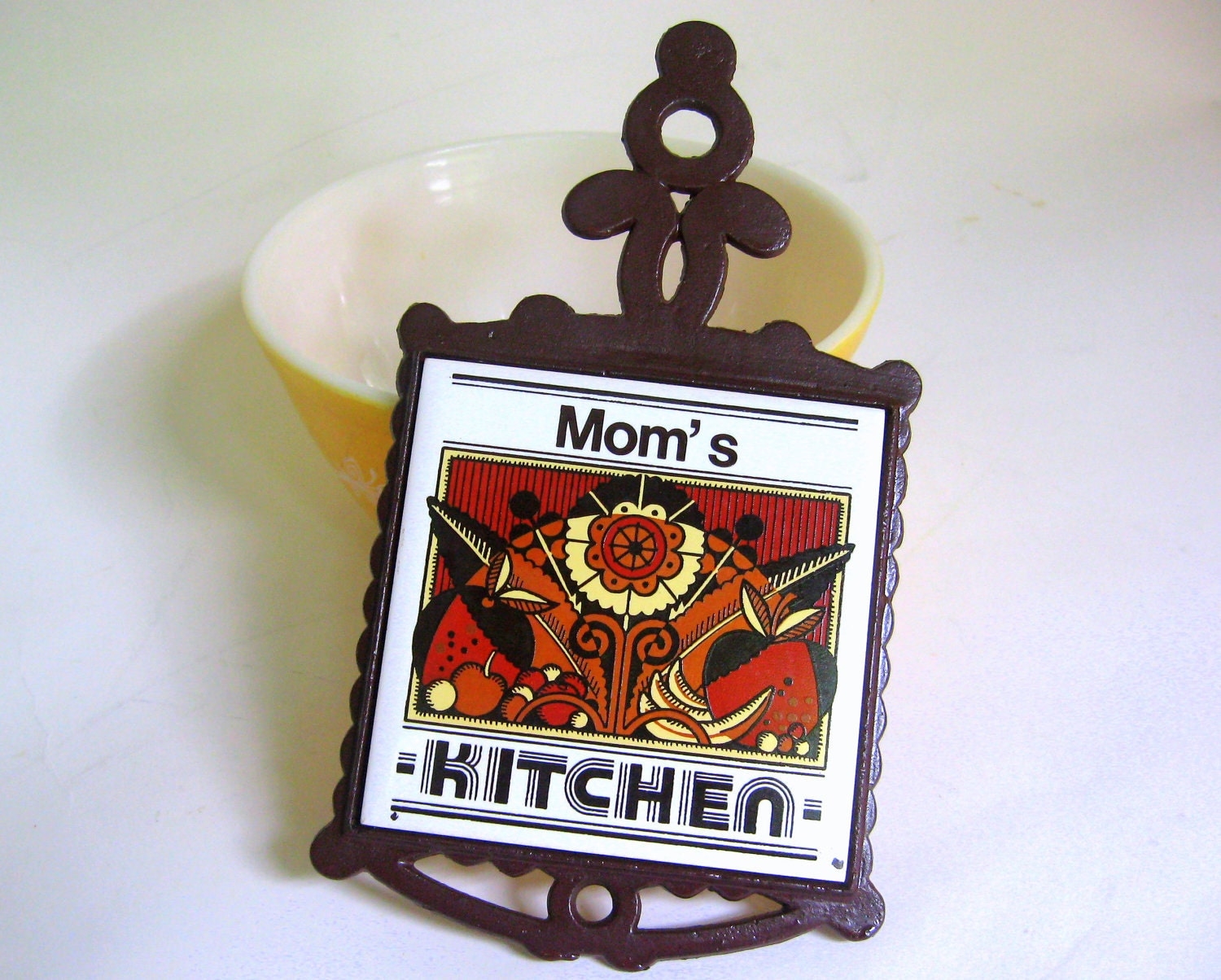 Vintage  "Mom's Kitchen" Trivet, 1970s Chocolate & Orange Retro Abstract Pattern