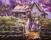 Country  Cottage  Purple Mother daughter walk in the garden behind the gate of rustic cabin