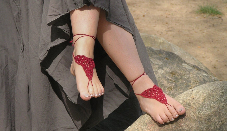 BAREFOOT SANDALS, Crochet, Red, Nude Summer Shoes, Beach Hippie Sandals, Wedding Foot Jewelry, Bridal, Cotton Lolita Anklets
