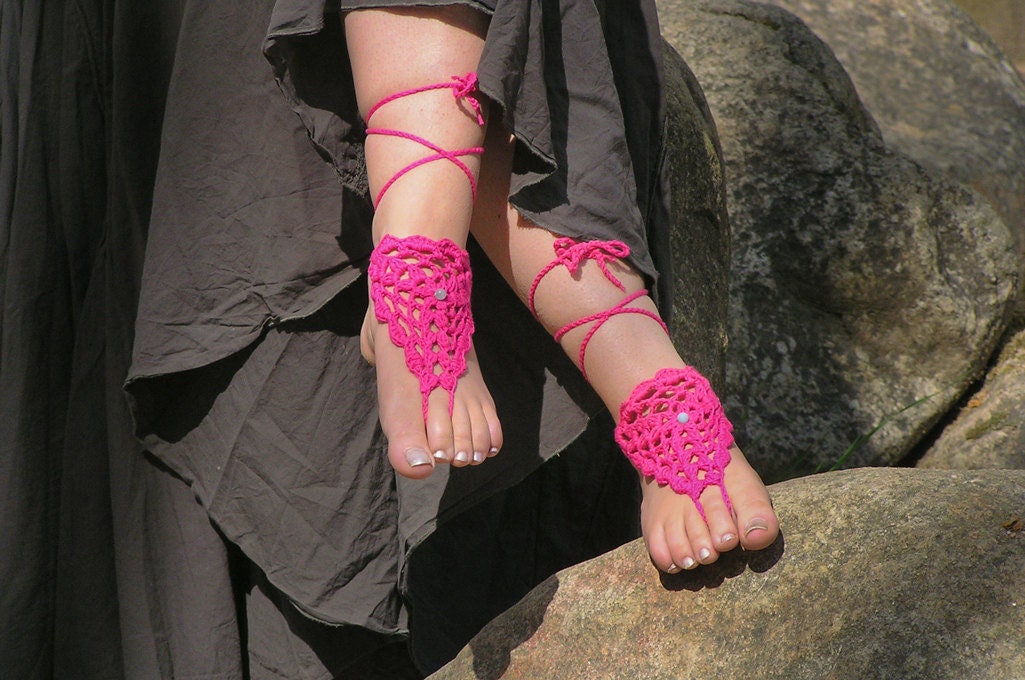 BAREFOOT SANDALS, Crochet, Hot Pink Chic Nude Summer Shoes, Bohemian Foot Jewelry, Hippie Sandals Beach Wedding Cotton Anklets