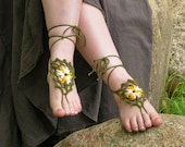 BAREFOOT SANDALS, Crochet, Olive Green, Yellow, White, Nude Summer Shoes, Bohemian Beach Foot Jewelry, Cotton Hippie Sandals