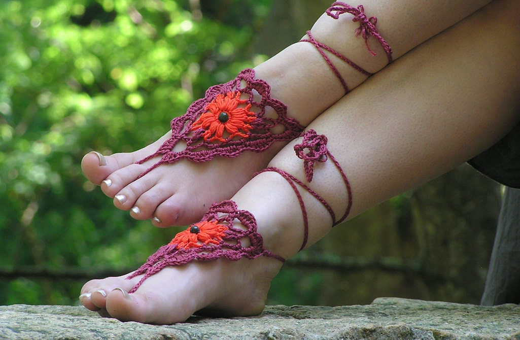 BAREFOOT SANDALS, Crochet, Barefoot Sandles, Wedding, Nude Shoes, Bohemian Beach Sandals, Gypsy Foot Jewelry, Anklets, Cotton, red, burgundy