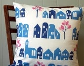 Blue House Printed Pillow Cover with Pink Trees