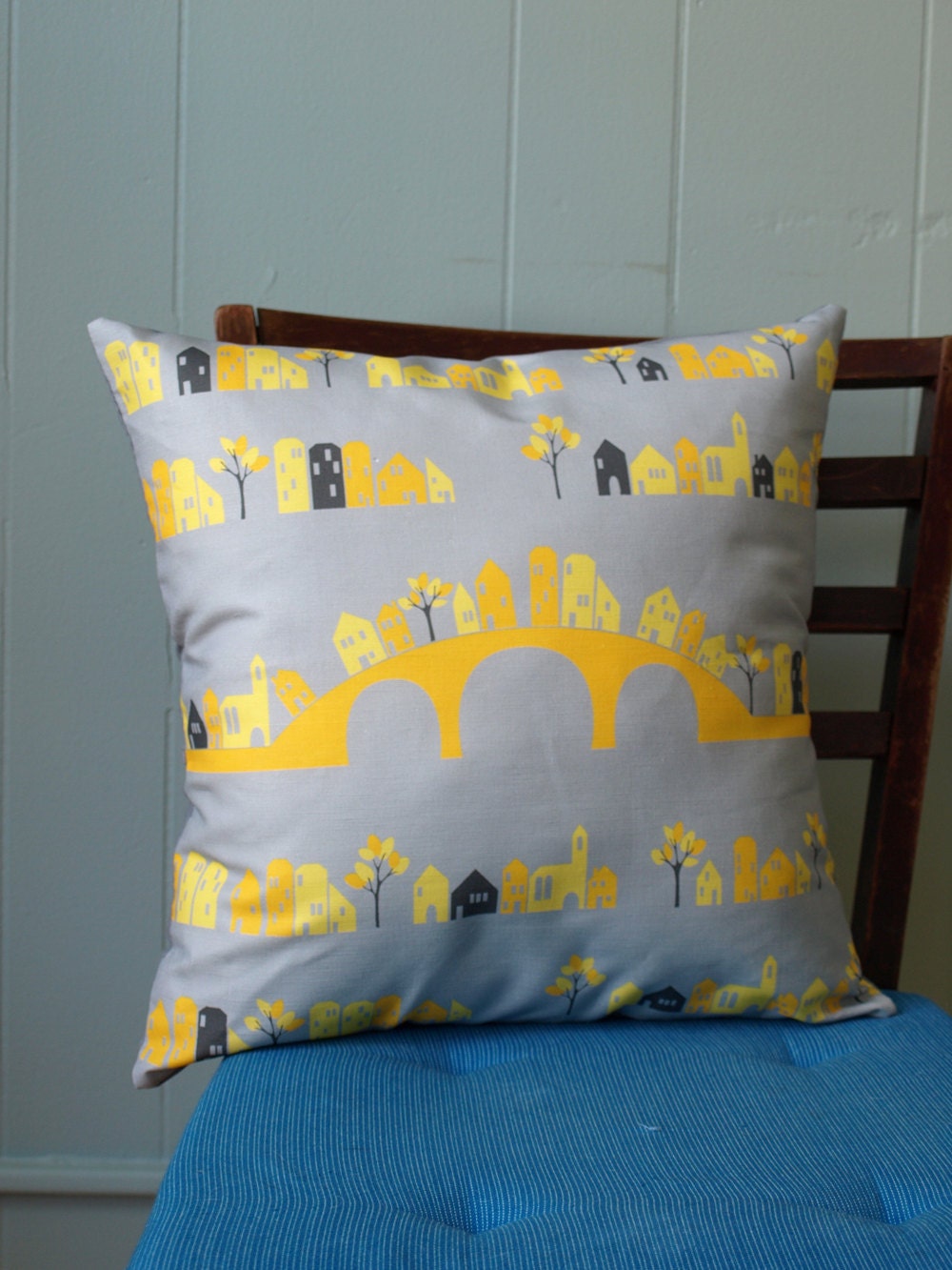 Grey and Yellow House Print Pillow Cover with Bridge and Trees