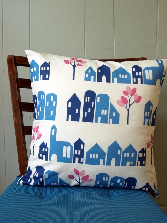 Blue House Printed Pillow Cover with Pink Trees