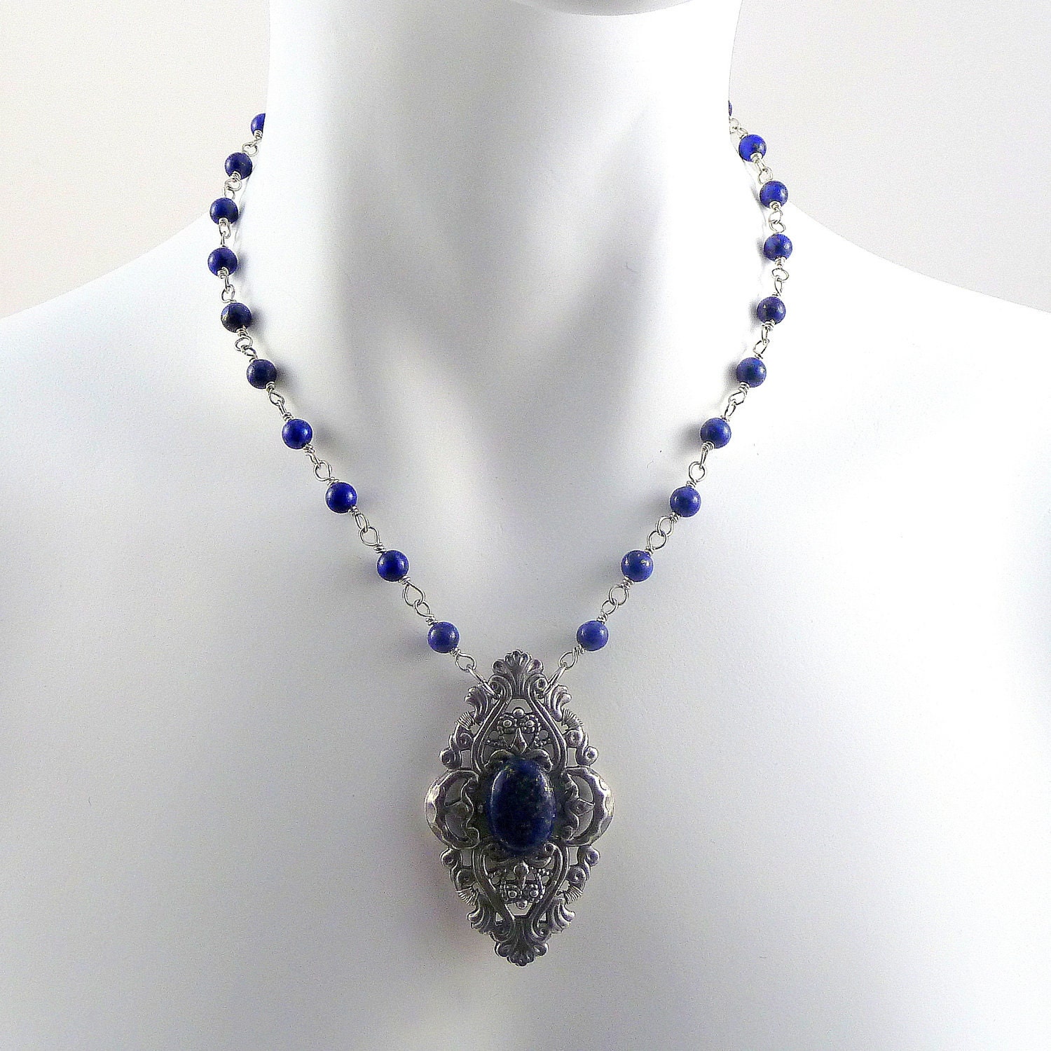 Ornate Victorian Amulet Necklace with Blue Lapis Lazuli Gemstones Cabochon & Beads - Lovely Silver Plated Filigree and Wire Wrapped Jewelry
