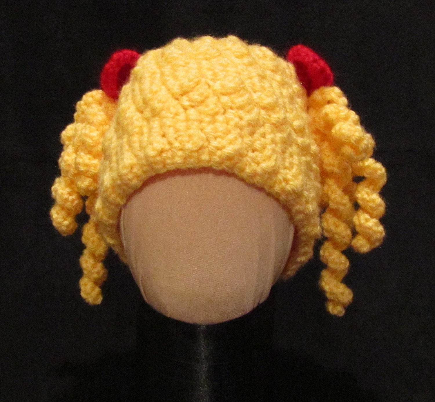 Newborn/Infant Baby Doll Hat - Crochet Beanie with Pigtail Curls and Bows