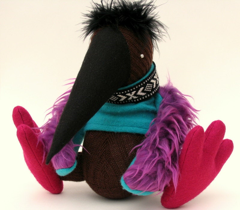 Romanian trim beady eyed bird - Handmade plush sculpture - woollen body, large black felt beak, furry wings and magenta felt feet