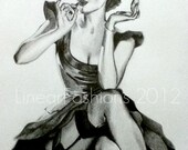 Fashion Illustration Art -  pin up art - Elvgren - 1950s dress fashion - original pencil drawing - black and white art - wall decor