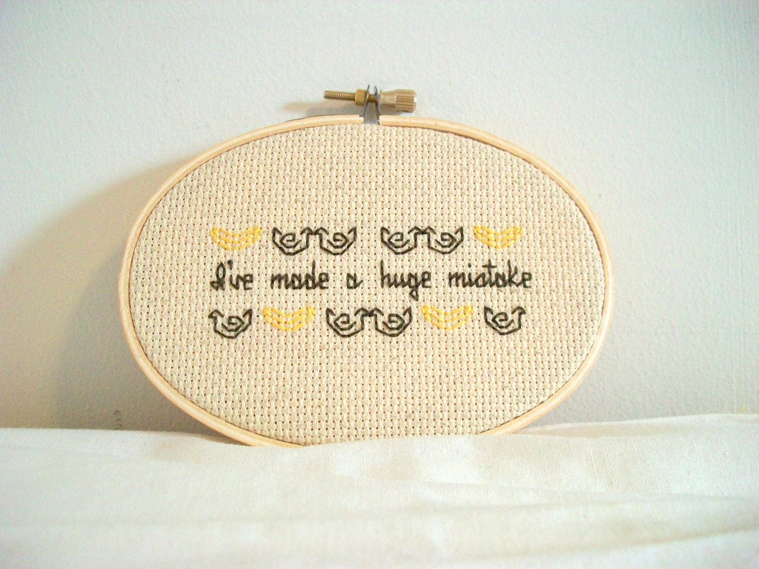 Huge Mistake cross stitch -- inspired funny, simple cross stitch, minimalist with banana and chicken motif