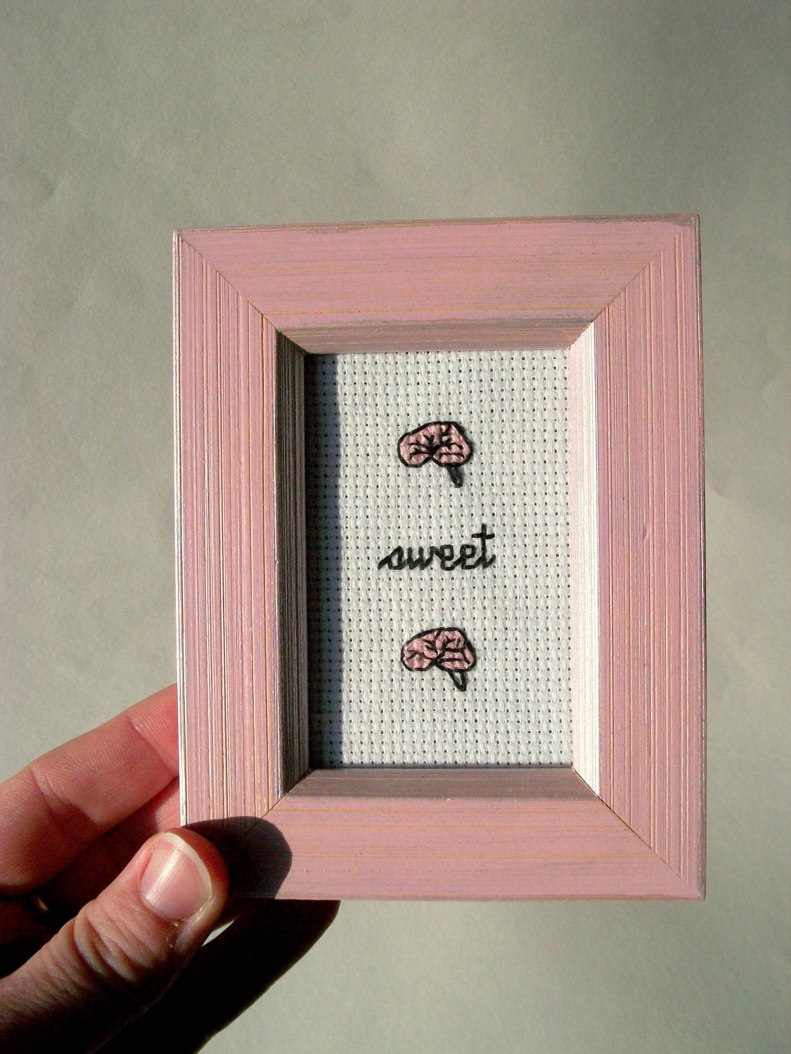 Brains sweet brains -- Zombie cross stitch, small inexpensive gift for birthday, housewarming, wedding, any occasion, for her, for him