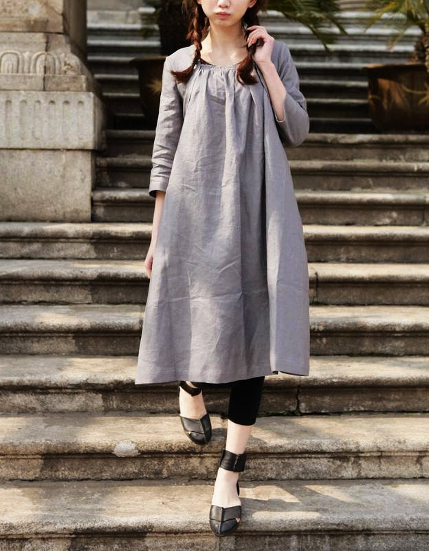 STOCK - Linen Tunic Dress Grey Dress - Custom Made