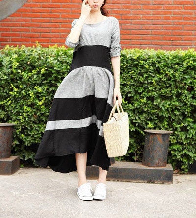 Linen Contrast Color Long Dress- Made to order